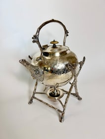 Antique Fenton Bros. Silverplate spirit kettle w/stand forest theme