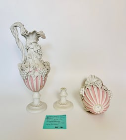 (2) Antique English Handmade Bennington Pink Parian Bisque Grape Vine Ewer Vases