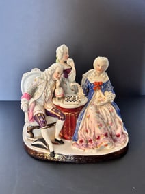 Antique 3 Figure German Porcelain Group playing chess