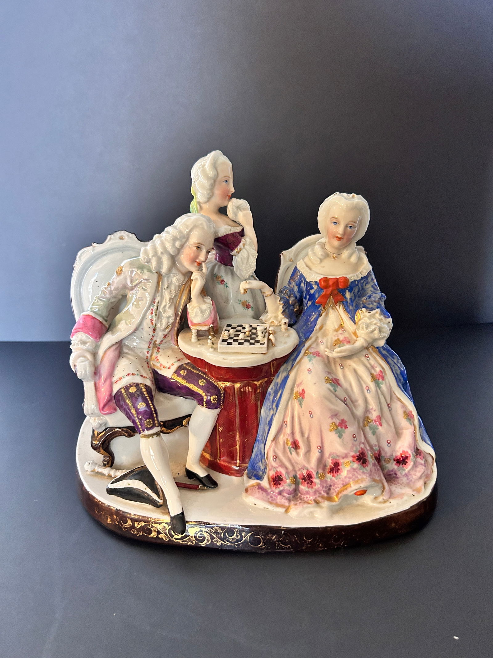 Antique 3 Figure German Porcelain Group playing chess (1 of 4)