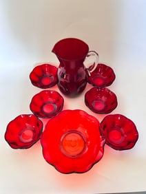 (8) Vintage Royal Ruby Glass Berry Bowl set & Pitcher