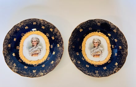 2 Marie Antoinette Antique Cobalt Blue Porcelain Cabinet Plates