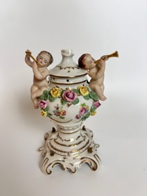 Antique Porcelain Potpourri Vase w/2 Cherubs
