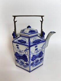 Large VIntage Hexagonal Asian Teapot w/brass handle