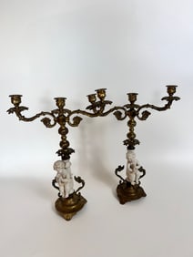 Vintage French Bronze Porcelain Figural Cherub Candelabras