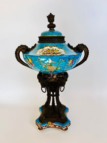 Antique lidded porcelain urn bronze mounts rams heads