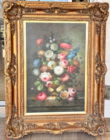 Large Framed Giclee Victorian Style Flower Arrangement in Vase Signed A. Smid