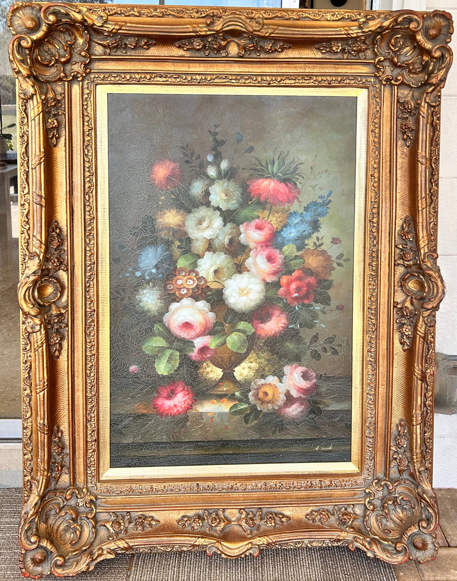 Large Framed Giclee Victorian Style Flower Arrangement in Vase Signed A. Smid (1 of 4)