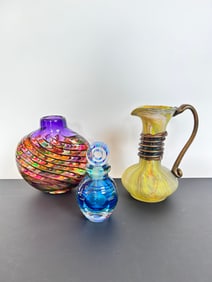 3 Glass items; signed rainbow glass vase Michael Trimpol, handblown pitcher & perfume bottle