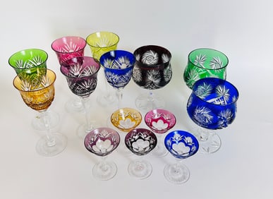 Vintage Bohemian colored cut to clear glasses (14)