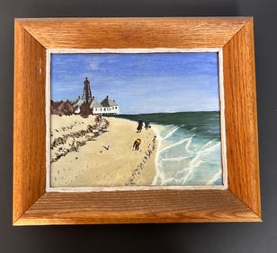 O/B Primitive Folk Painting New England Beach Scene