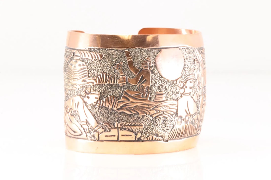 Native America Navajo Copper Story Teller Cuff Signed B: Native America Navajo Copper Story Teller Solid Bracelet Cuff Signed B Total weight: 79.70 GramsIn-house domestic shipping is available, email for more information. All items ship from Sarasota, FL. P