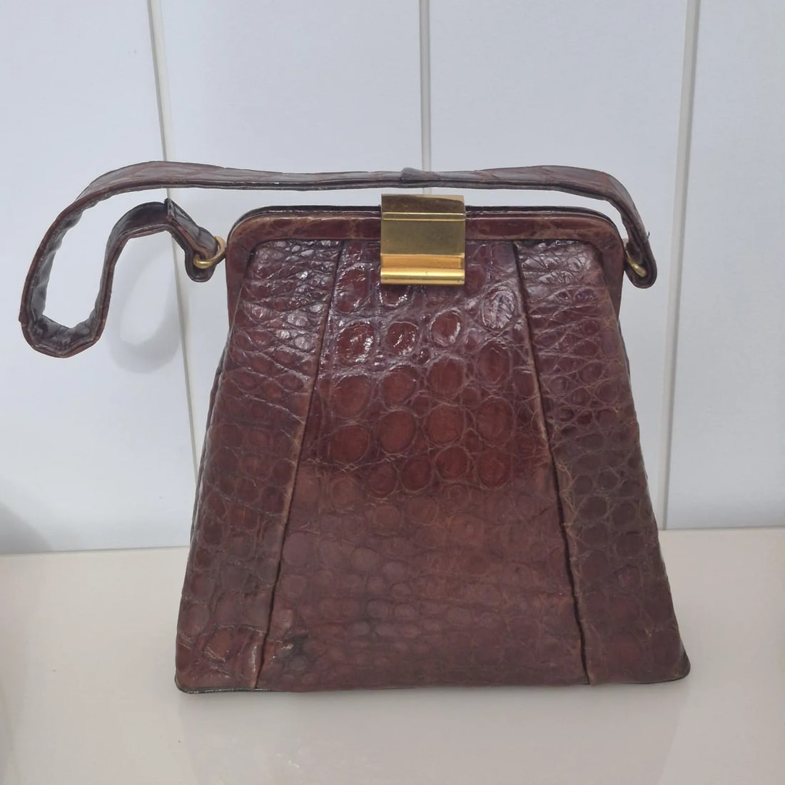 BASS 1940's Brown Alligator with Brass Closure and Trim Satchel Bag (1 of 6)