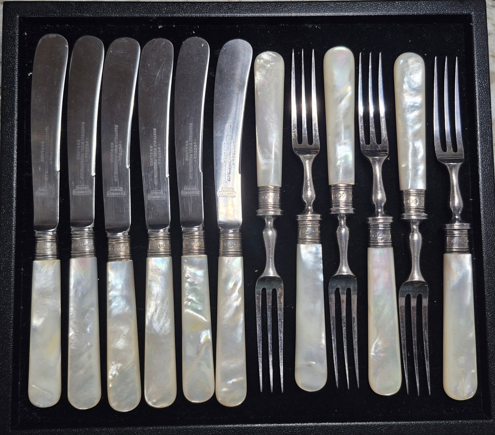 "PRODUX" Sheffield Steel, England ~MOP sterling cuffs, marked hallmarks Fruit Set (1 of 6)