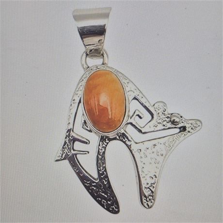 Allen Lee Navajo Sterling Spiny Oyster Pendant: 'Navajo handmade pendant by Allen Lee, crafted in sterling silver. Features an oval centerpiece made from spiny oyster stone, set against a decorative Native American-inspired design. The pendant