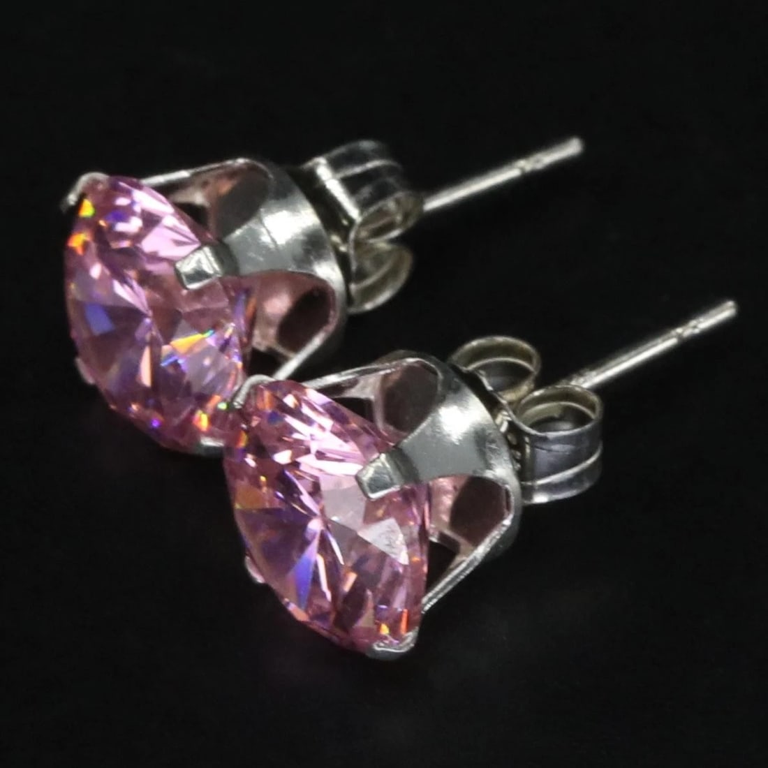 Sterling Silver - DESIGNER Prong-Set Pink CZ Post Stud Earrings - 1.5g (1 of 4)