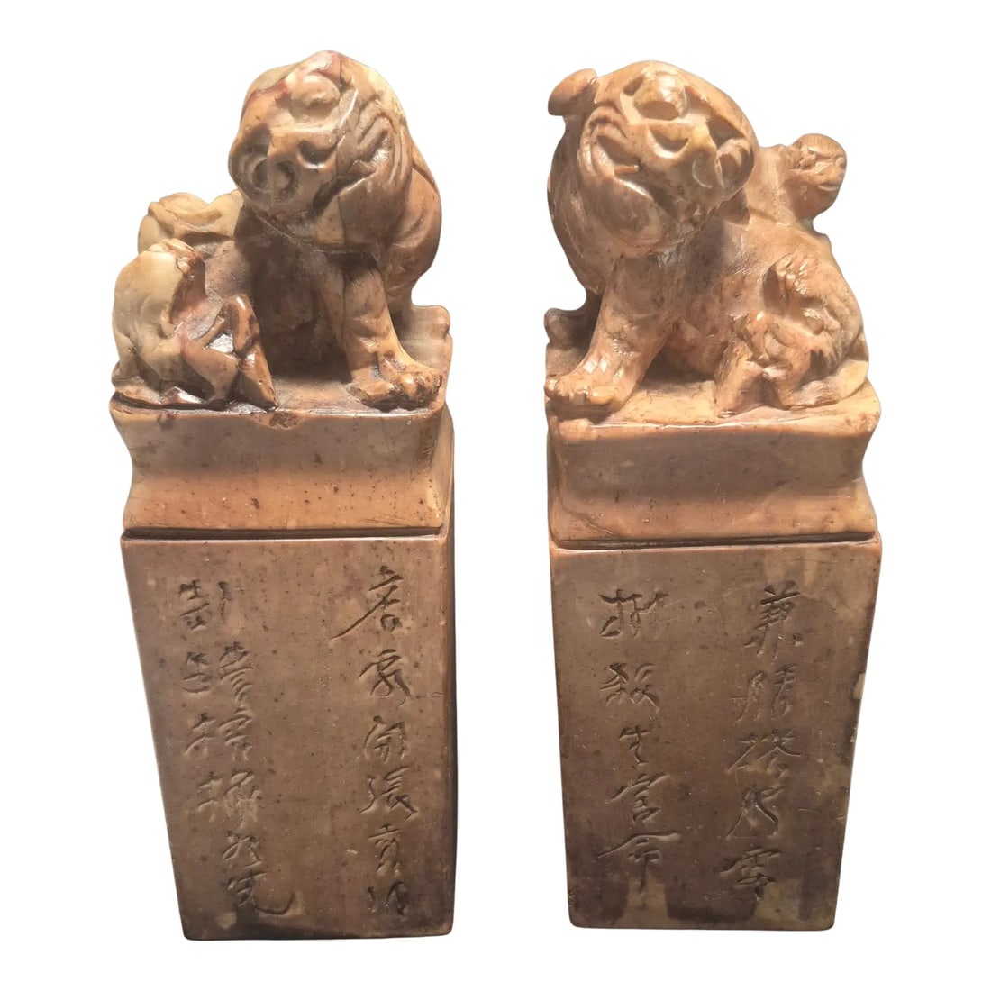 Pair of 19th C Chinese Stone Carved Temple Seals With Foo Dog Decoration: A fine pair of Chinese stone carved temple seals with foo dog decorations, probably dating to the 19th century, with incised Chinese characters on the side of each.These were originally used as "chops