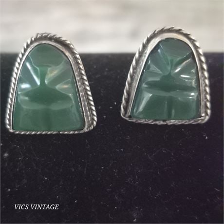 Vintage 925 signed Mexican Sterling Earrings [6g]: Vintage 925 signed Mexican Sterling Earrings>Vintage Sterling Carved Green Onyx Mayan Mask Face ~ Marked PATINO Mexico pin back style> marked as shown 925