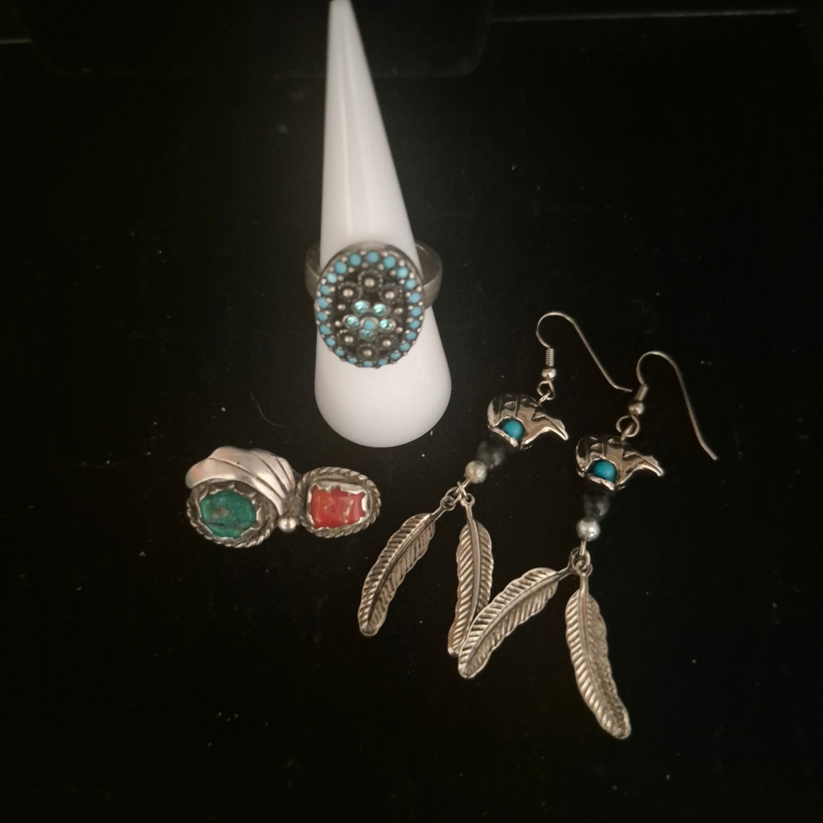 Navajo Sterling 2 stone BROOCH & Dangle Earrings / Ring [26g] (1 of 4)