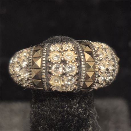 Sterling 925 Marcasite & Clear rhinestone Dome Ring size 6: Sterling 925 Marcasite & Clear rhinestone Dome Ring size 6 Beautiful ring to wear, sits nicely on any fingermarked 925 sterling Thailandexcellent condition, no visible scratches or scuffs to eye======