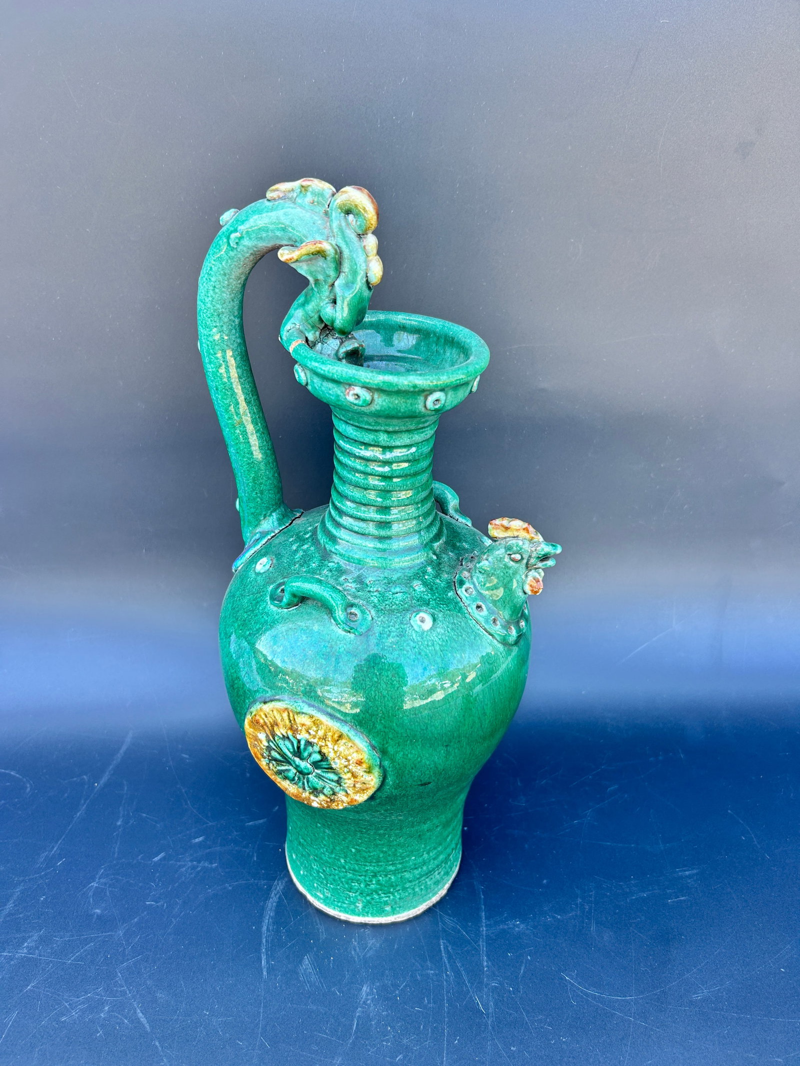 Chinese Spinach green ceramic Pitcher: Chinese Spinach Pitcher - measures: 7.5W x 16Hcondition: repaired as isIn-house domestic shipping is available, email for more information. All items ship from Sarasota, FL. Pick up must be scheduled