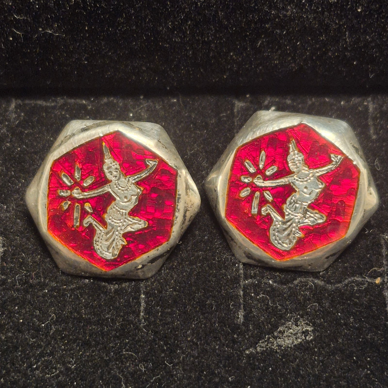 Desc:Rare pre-1939 Siam sterling silver EARRINGS featuring Mekhala, goddess of lightning, with nie (1 of 4)