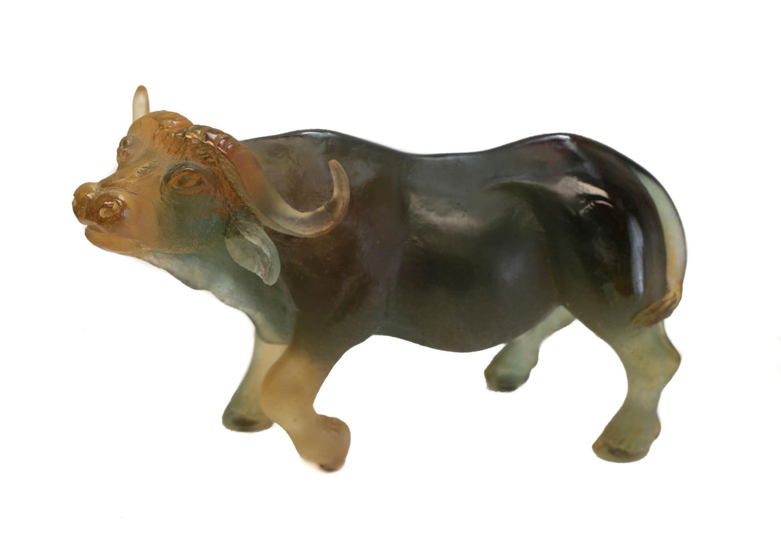 Glass Water Buffalo sculpture by Daum, France, 1970s: Daum France Pate De Verre art glass wild buffalo figurine. Amber colored to the head and feet with grey to the body.Most figures from this factory do not have makers mark.No damage, repairs, chips or