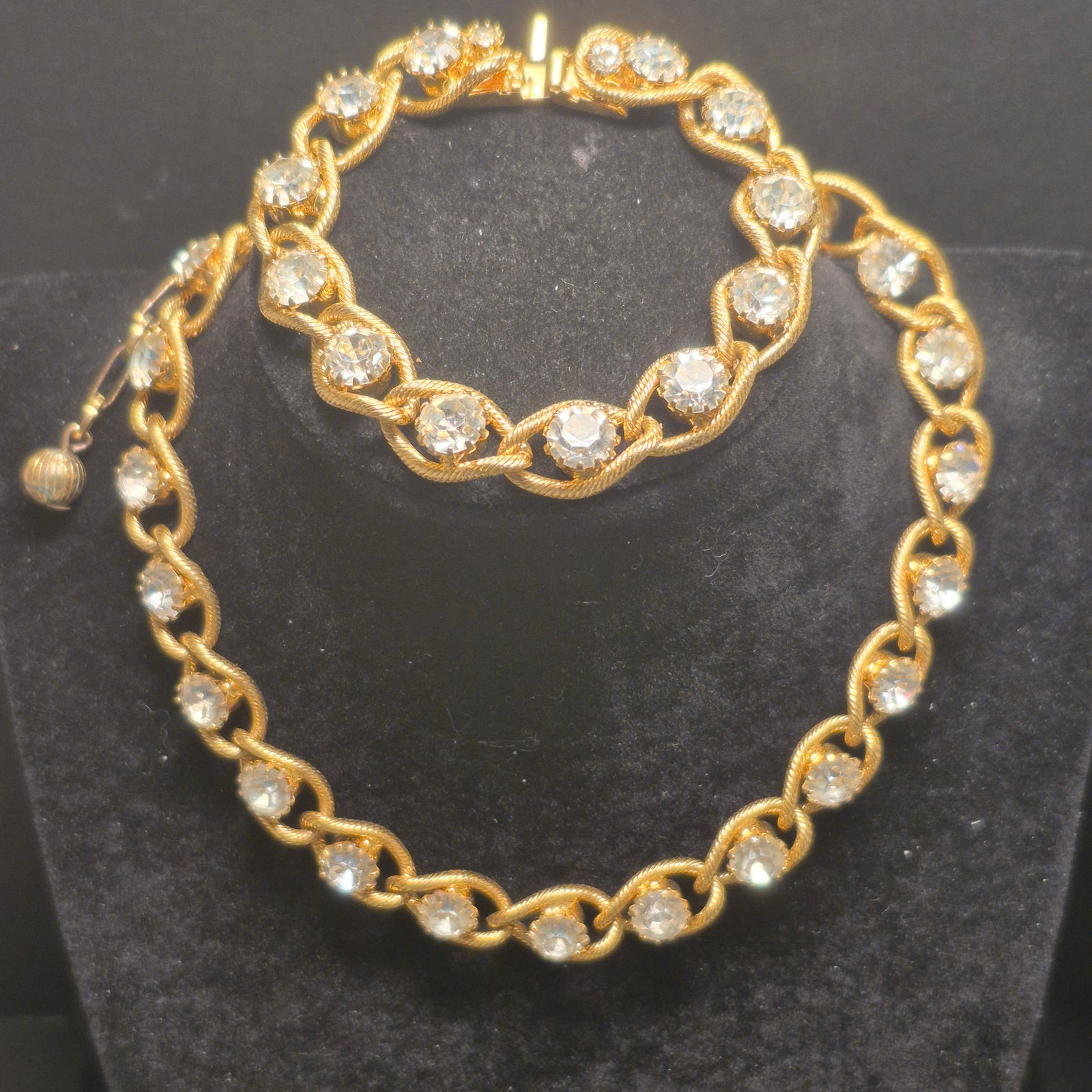 Gold Plated twisted link chain w/ CZ rhinestone centered & matching Bracelet (1 of 5)