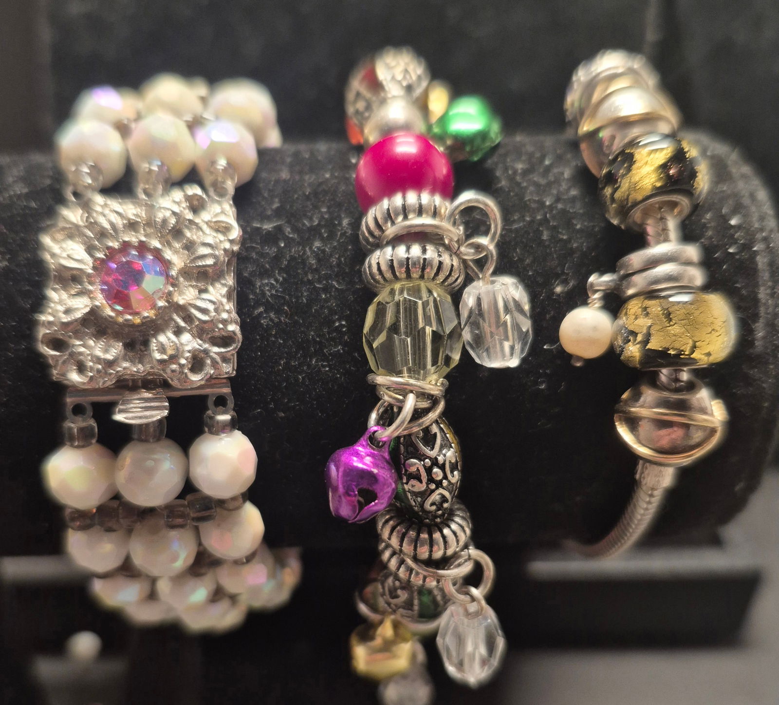 Fashion BRACELETS Set 3 ~ clasp, magnetic: Fashion BRACELETS Set 3 ~ clasp, magnetic> 3 strand with high fashion snap in clasp w/stone> tribal bracelet with clasp> silver with gold tone beads magneticall in excellent condition