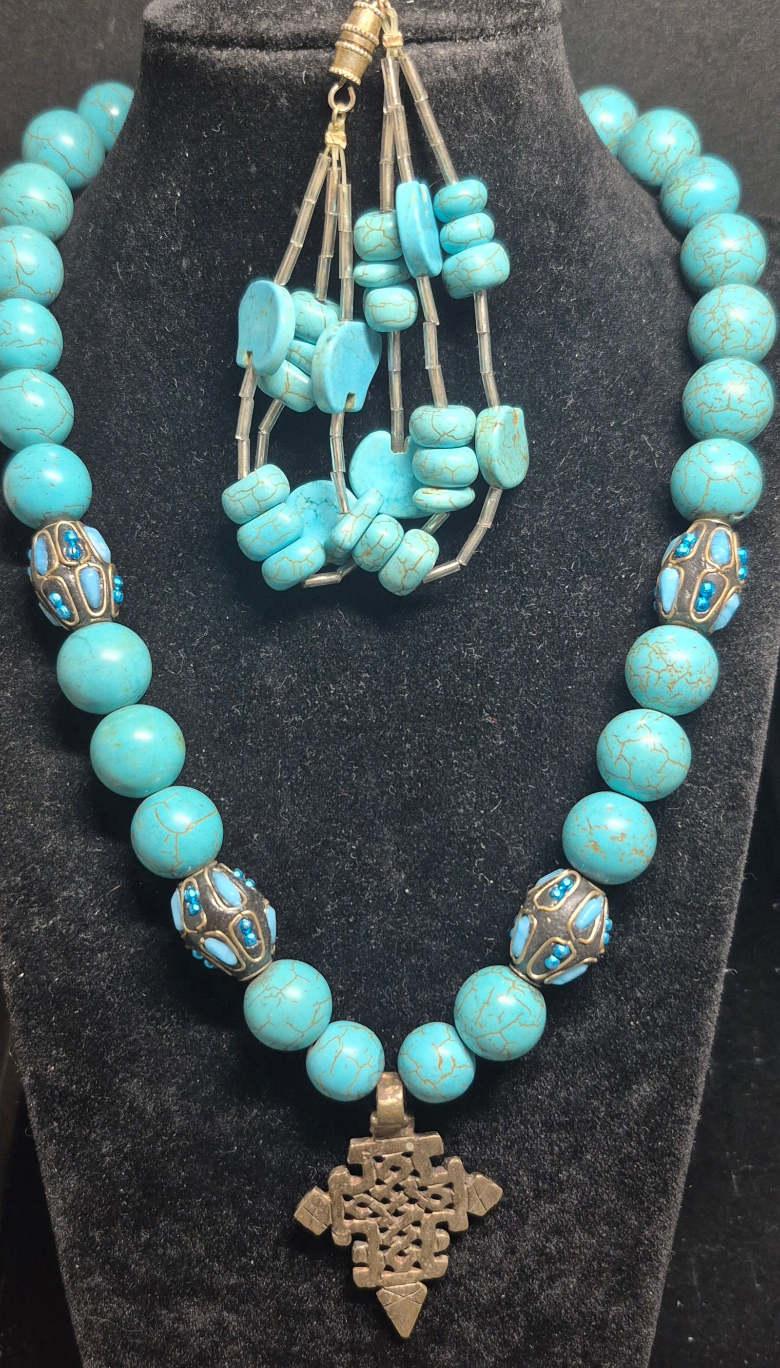 Fashion Beaded Necklaces with Turquoise-Tone Accents~ Necklace/Bracelet/Ear [43g] (1 of 4)