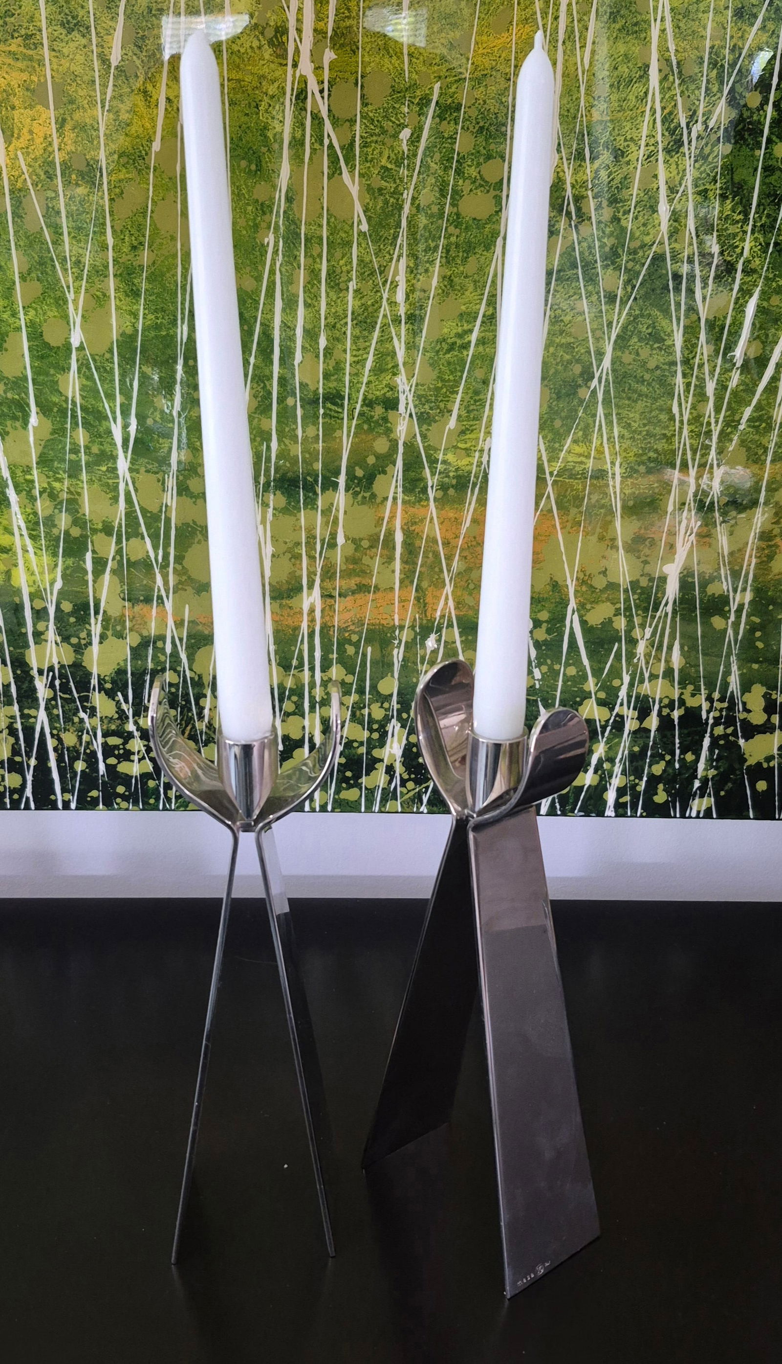 Vintage 1990s postmodern Candlestick Set ~ Solid Stainless from Mesa, Italy: Pair postmodern stainless steel holders, vintage 1990s. They are in good NEW condition.Stamped each bottom of legsNo damage, no scratches, no issues.These are originally marked $325/pair