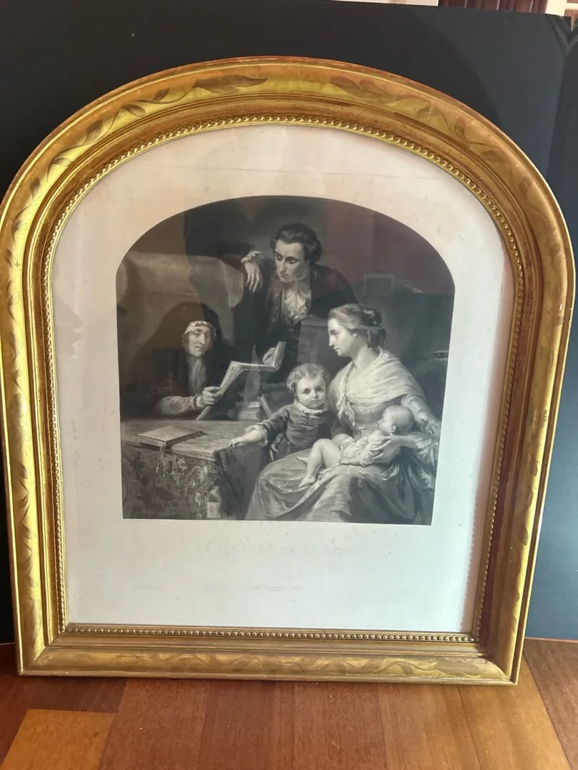 Framed Vintage Print “LA LECTURE DE LA BIBLE” in Ornate Gold Arched Frame – Early 20th: Large framed vintage decorative print titled “LA LECTURE DE LA BIBLE” (“The Reading of the Bible”), depicting a classic family interior scene with parents and children gathered around
