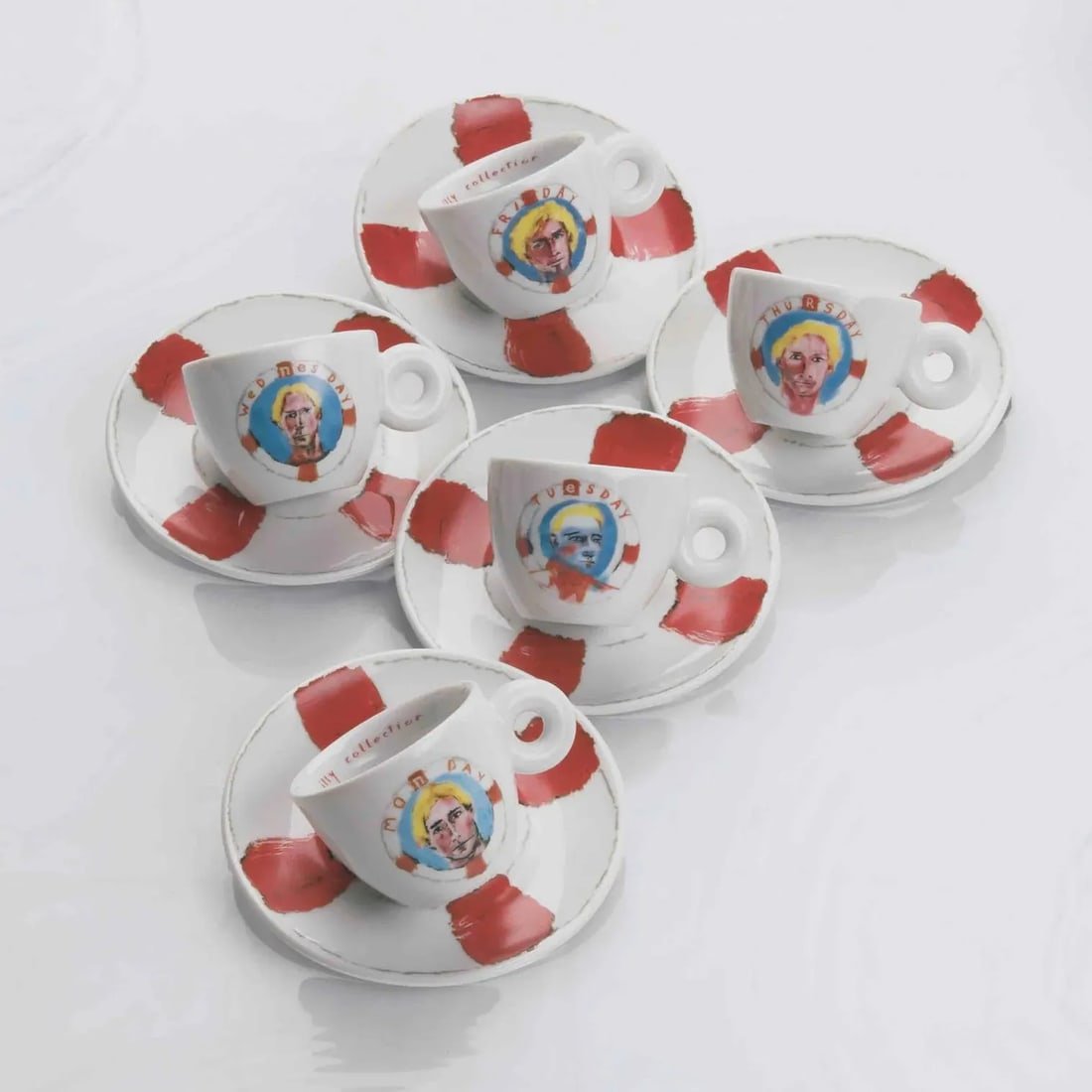 2005 Illy Collection Chuck Van Julian Schnabel Espresso Set ~ Set 5: Julian Schnabel's series of 5 porcelain espresso cups and saucers for illy features his longtime inspiration, the surfer-character Chuck!Set of 5 is the weekend days each set.New York-born Julian Schn