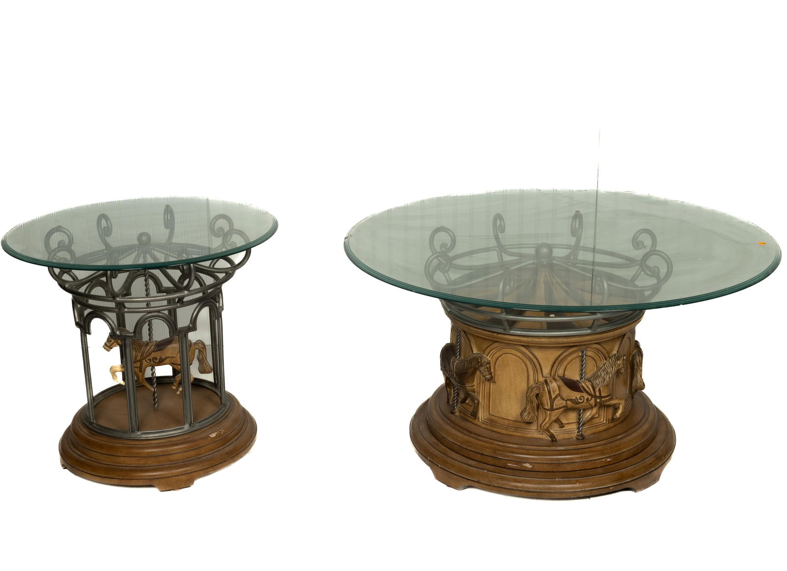 Carousel Horse Coffee Table And End Table ~ pair of tables: The coffee table top is 42” in diameter and 22” high. The end table is 26” in diameter and 23.5” tall. Finely crafted vintage carousel horse coffee table and end table that add