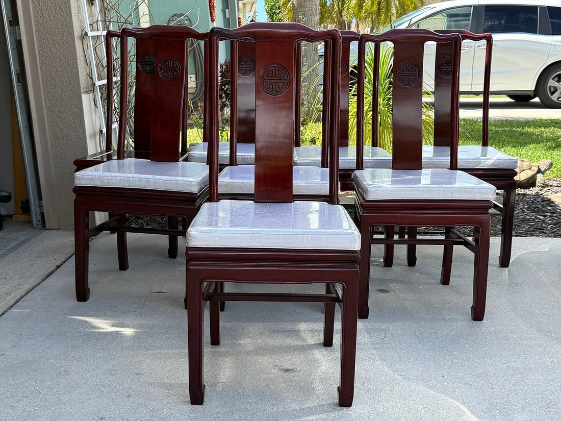 Ming Dynasty Longevity CHAIRS ~ set 8: Ming Dynasty Longevity CHAIRS ~ set 8 [Matches Table 14A]> center splat has longevity logo embossed> all seats covered with clear upholstery cover of original> all 8 are perfect, no breaks,damage, rep