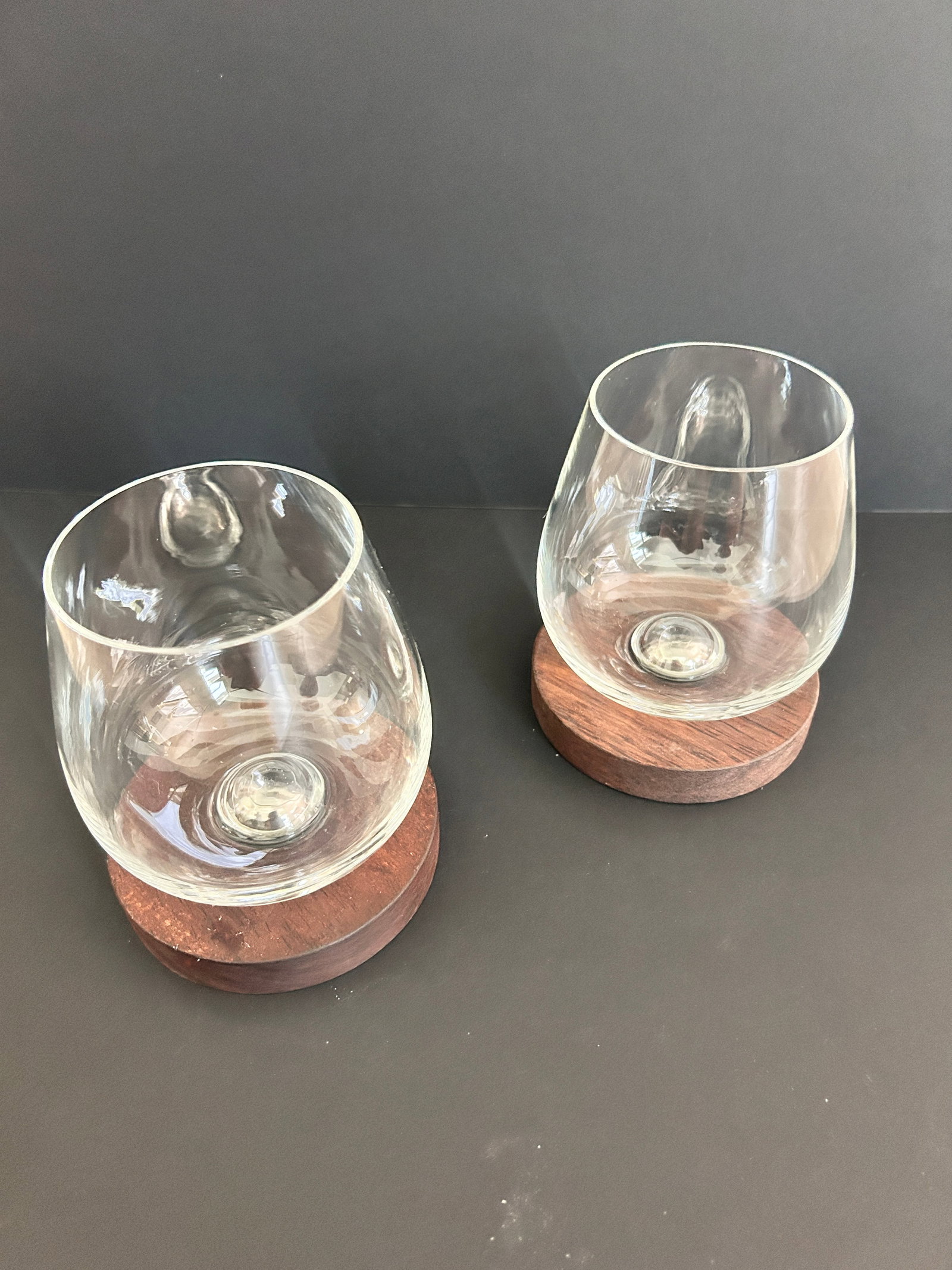 2 Aura Self Aerating stemless wine glass on wood coaster: 2 Aura Self Aerating stemless wine glass on wood coastereach measure 5 H x 4 W in inches