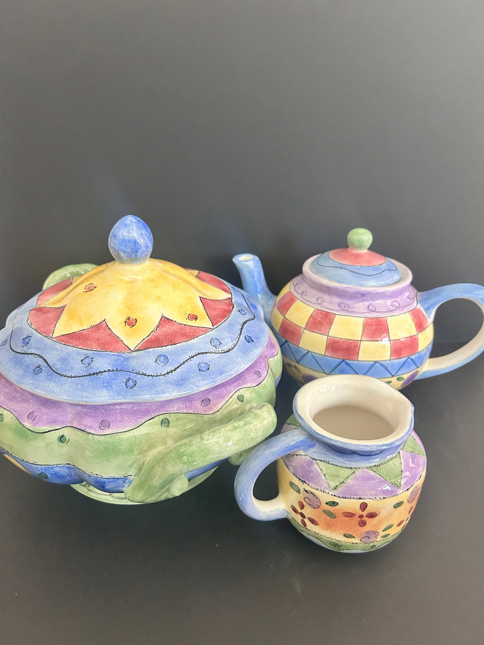 3 Pieces "Sango the Sweet Shop" designer Sue Zipkin: 3 Pieces "Sango the Sweet Shop" designer Sue Zipkin , Tureen measures 8 x 12 x 9 D in inches, Tea pot 6.5 H x 9.5 W x 5.5 D, Creamer 4 H x 5 x 4 in inches