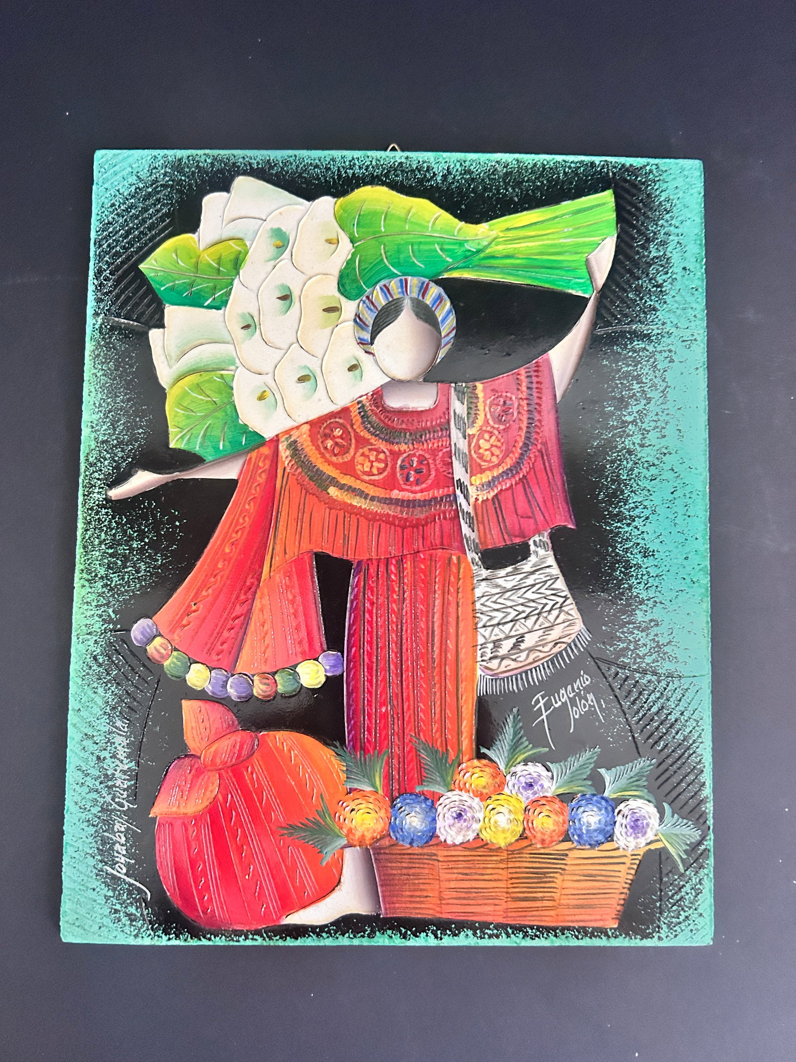Guatemalan MCM acrylic painting on masonite signed Eugenio Jolon Flower vendor standing: Guatemalan MCM acrylic painting on masonite signed Eugenio Jolon Flower vendor standing with lilies over shoulder and basket of flowers at her feet. Inscribed Joyabaj Guatemala Measures 8 W x 10 H in 