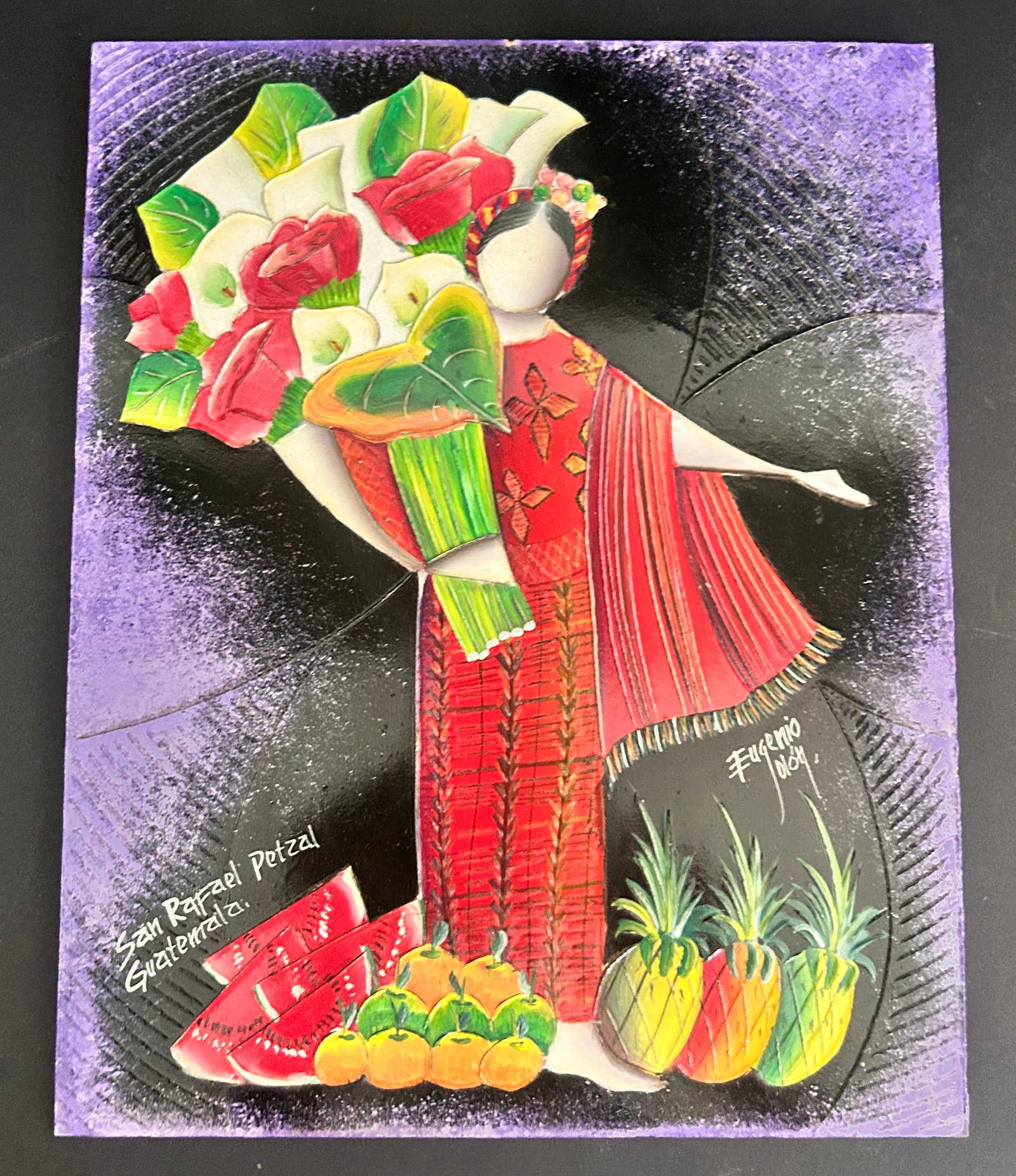 Guatemalan MCM acrylic painting on masonite signed Eugenio Jolon Flower vendor purple background: Guatemalan MCM acrylic painting on masonite signed Eugenio Jolon Flower vendor standing purple background with lilies and roses. Inscribed San Rafael Petzal Guatemala, Measures 8 W x 10 H in inches