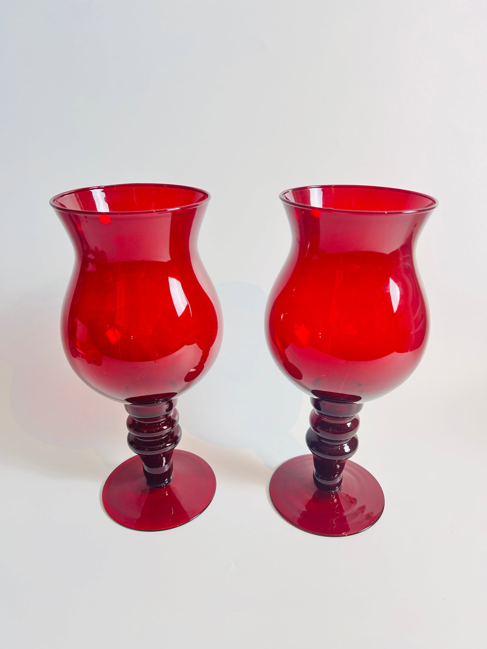 Pair Vintage 12 inch Votive Vase Ruby Red "empoli style": Pair Vintage 12 inch Votive Vase Ruby Red, each measure 11.5 x 5.5 W in inches.