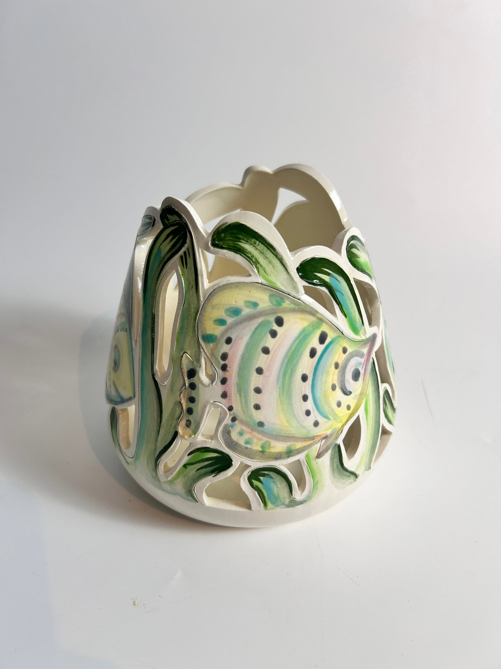 Hand-painted fish votive holder signed Sally Zozo: Hand-painted fish votive holder signed Sally Zozo, measures 5.25 H x 5.75 D in inches