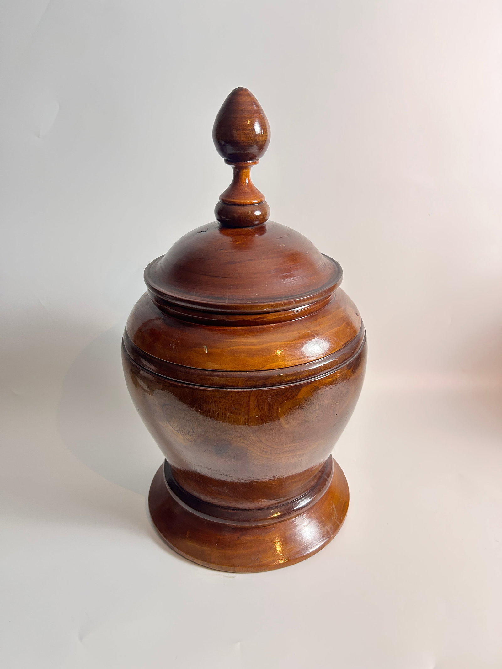 Large Haitian Turned Wood Lidded Vessel acorn finial: Large Haitian Turned Wood Lidded Vessel measures 20 H x 9.5 W in inches