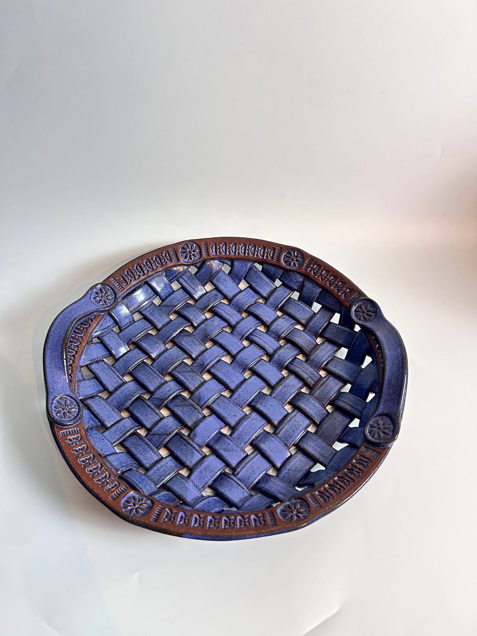 Hawksbill Pottery Handwoven Clay basket Denim Blue & Terracotta stamped and applied decoration (1 of 4)