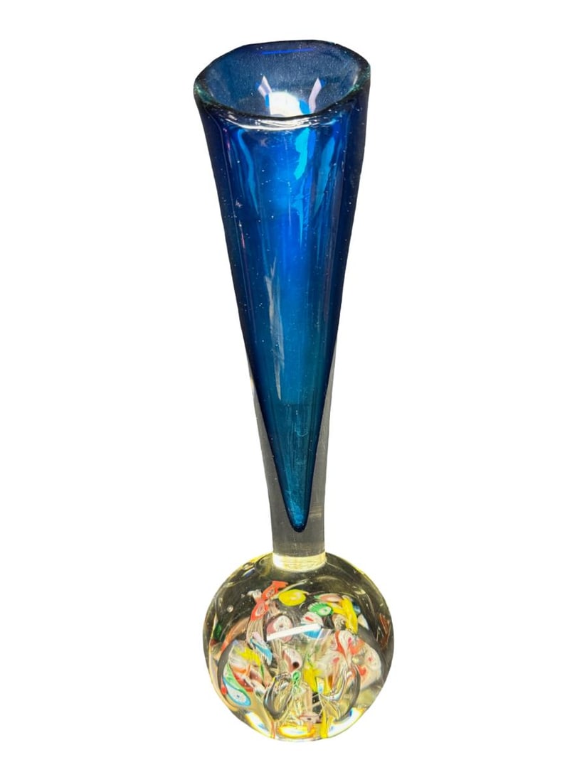 Vintage Ardalt Lenwile Art Glass Paperweight Bud Vase: This piece is often referred to as a tulip vase, or horn vase. It features a millefiori pattern encased in clear glass. The original paper label is still affixed to the base. Age related wear. Measure