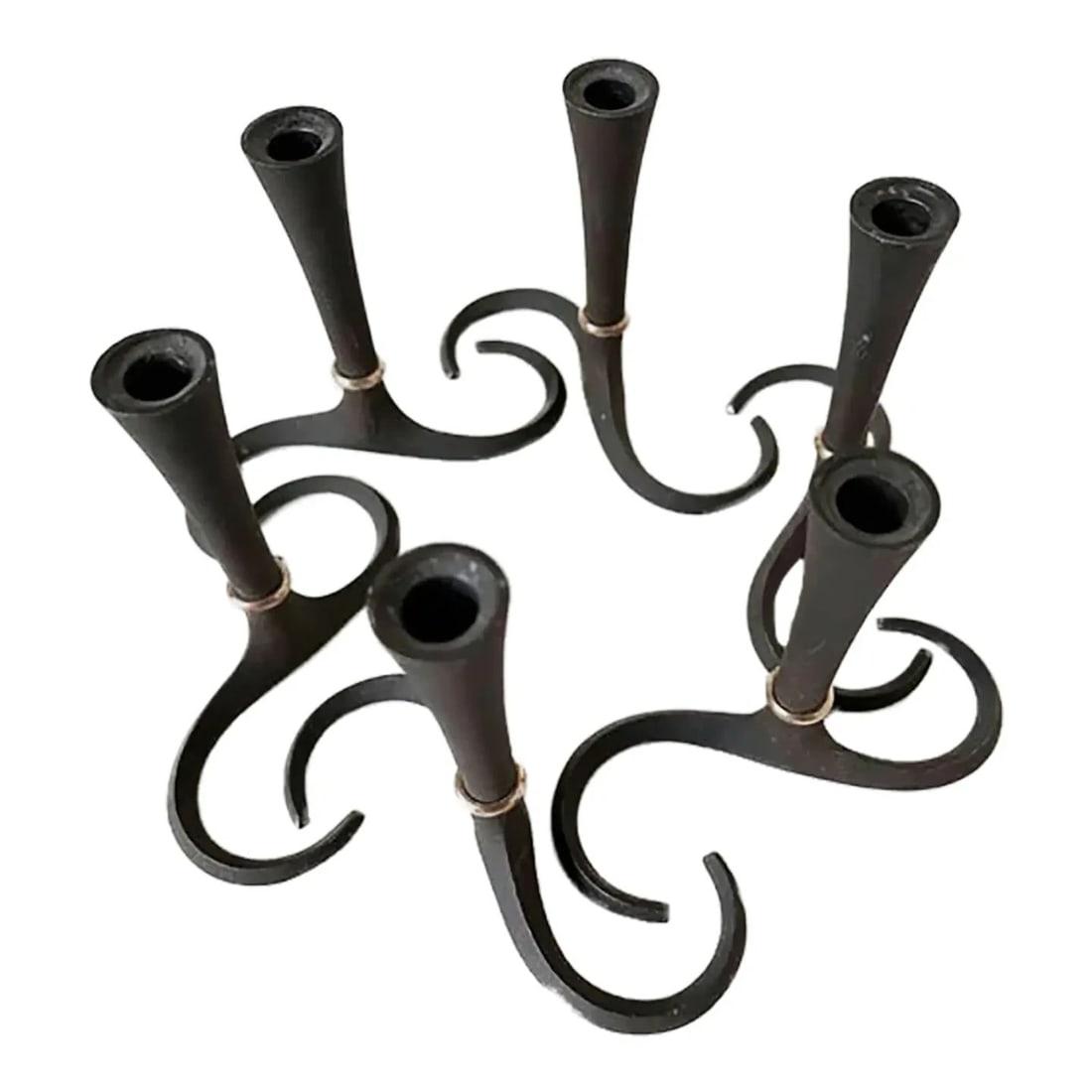 1970s Jens Quistgaard Cast Iron /Brass Candlestick Holders for Danisk / Jdq Denmark- Set of 6: Set of 6 Jens Quistgaard wrought iron & brass candlestick holders for Danisk | J.H.Q Denmark | wear consistent with age + useAll are haulmarked with "Denmark", all toned and polished to restore origin