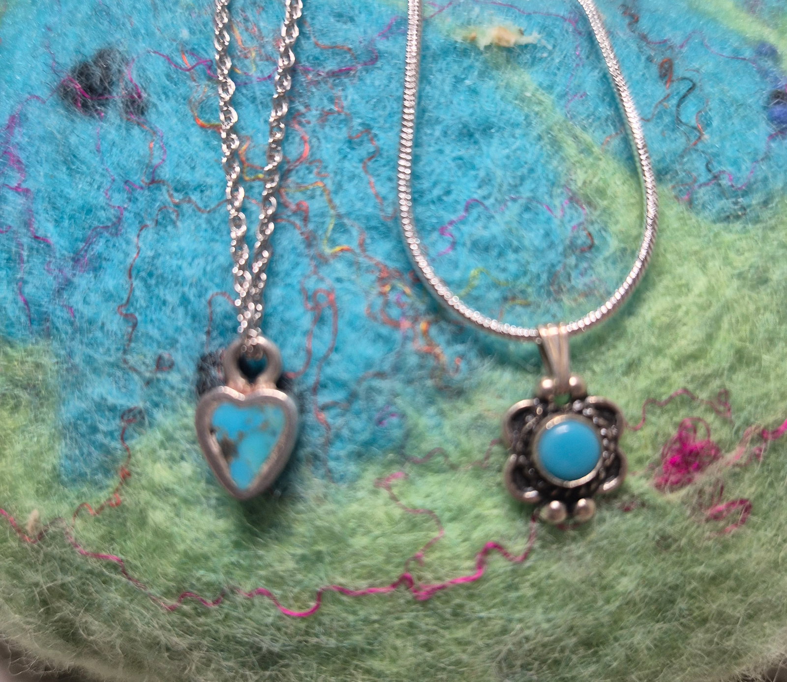 Navajo Sterling Silver PENDANTS & sterling chains ~ set 2 [8g]: Navajo Sterling Silver PENDANTS & sterling chains ~ set 2 [8g]> both Pendants marked and chains also> very dainty necklaces> listing is for BOTH necklaces [2]