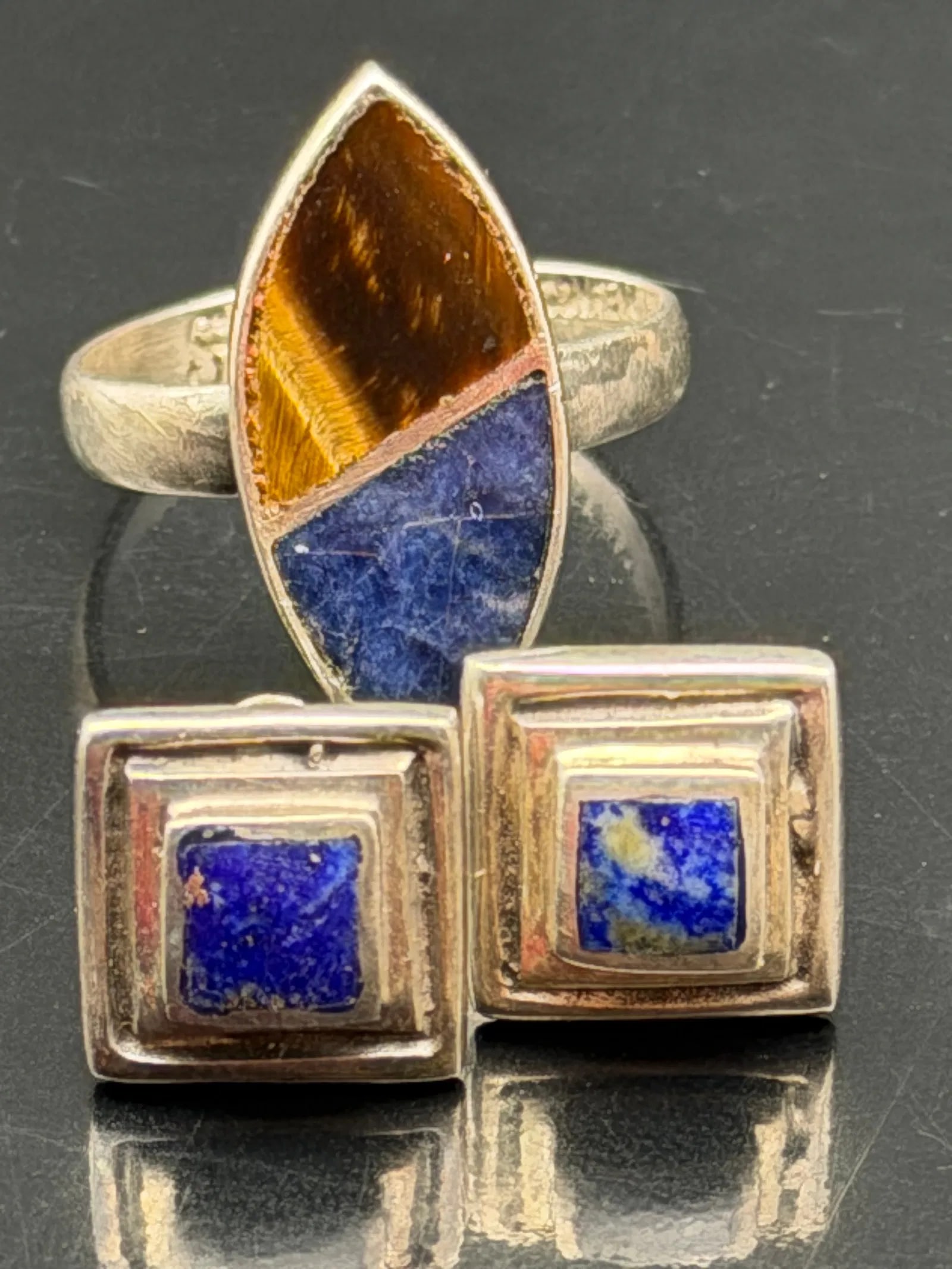 Lapis Lazuli and Tiger's Eye Marquise 925 Ring with Matching Lapis Lazuli Earrings [Set 7g]: A coordinated jewelry set consisting of a marquise (navette) shaped sterling silver ring featuring a split-stone design combining tiger's eye and lapis lazuli in a bezel setting paired with two square