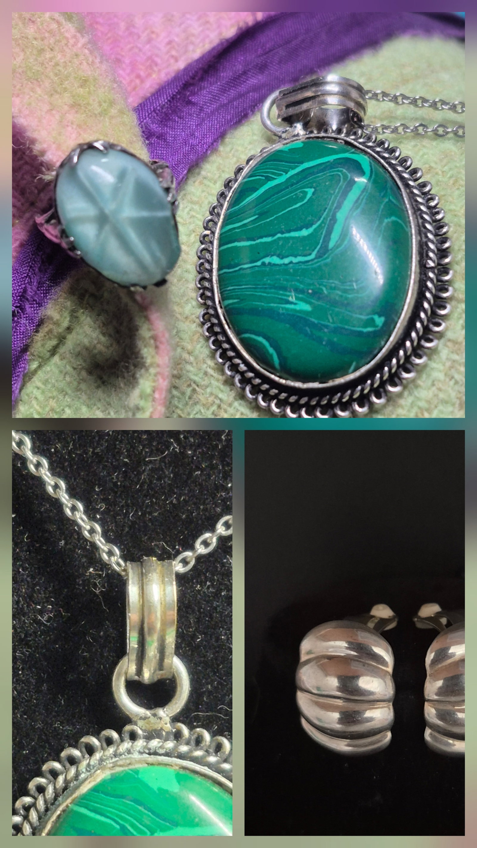 Vintage Sterling Silver Filigree Green Stone Ring & Thai Silver Ribbed Clip-On Earrings: Vintage filigree-style ring featuring an ornate silver mounting with scrollwork and milgrain detailing, set with a large oval green cabochon stone held by claw prongs. The band is split-shank style wi