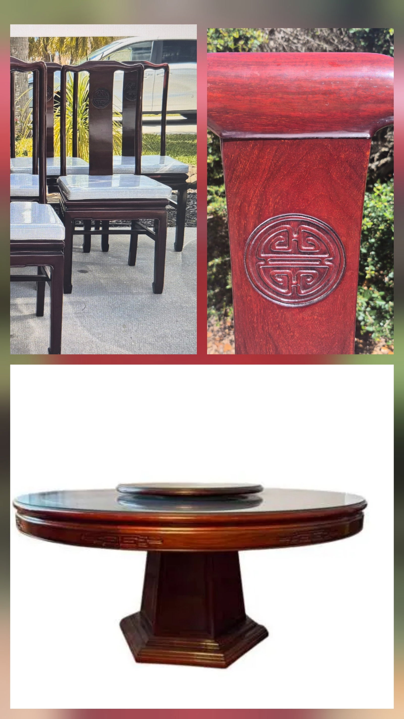 Late 20th Century Chinese Ming-Style Dining Table ~ Longevity Carved Detail 60"D & 8 matching Chairs (1 of 5)