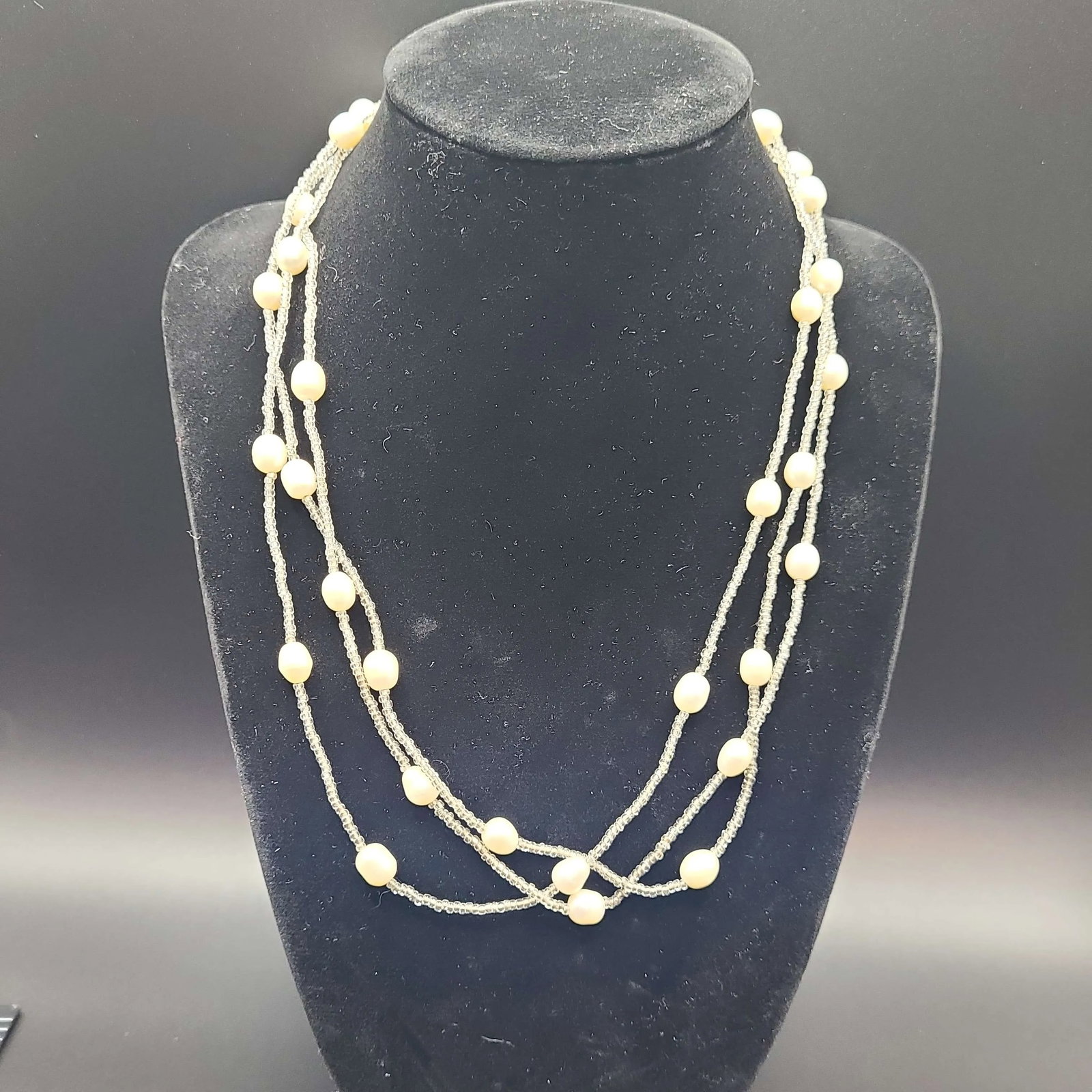 16" Fresh Water Pearl & Bead Necklace, In presentation Box: Elegant multi-strand necklace featuring lustrous freshwater pearls accented with delicate beadwork. The layered design creates a graceful, dimensional look, with softly rounded pearls in creamy white 